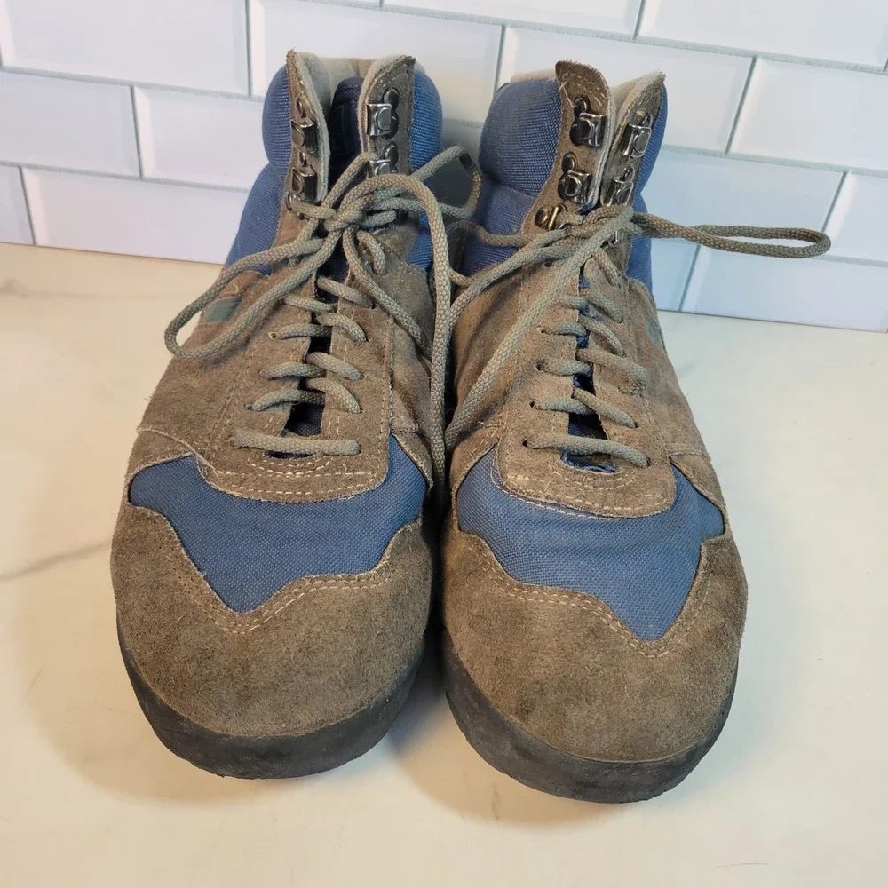 VTG LL Bean Merrell Mens Hiking Boots Sz 10 Brown Blue Suede Canvas Trail Shoes